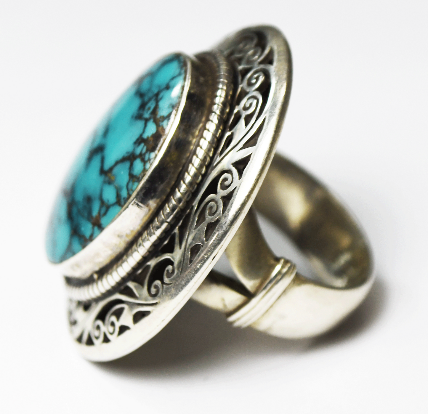 Sterling Silver Spiderweb Turquoise Large Oval Ring 38mm Size 8-1/2
