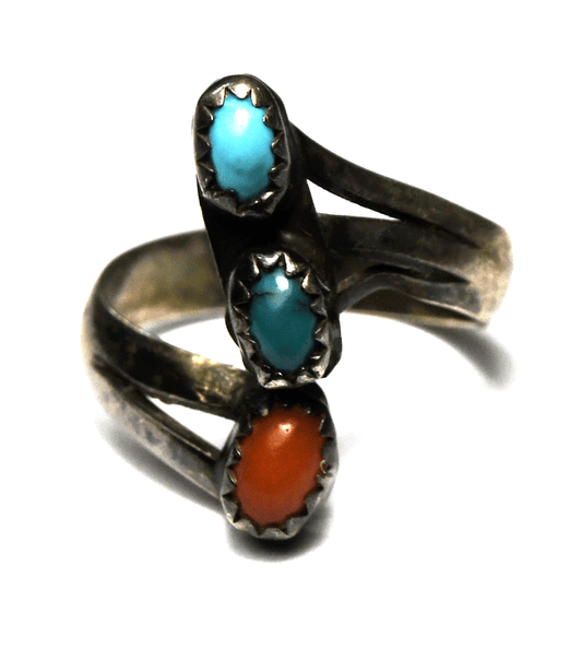 Sterling Silver Turquoise Coral Bypass Adjustable Ring 20mm Size 5.5