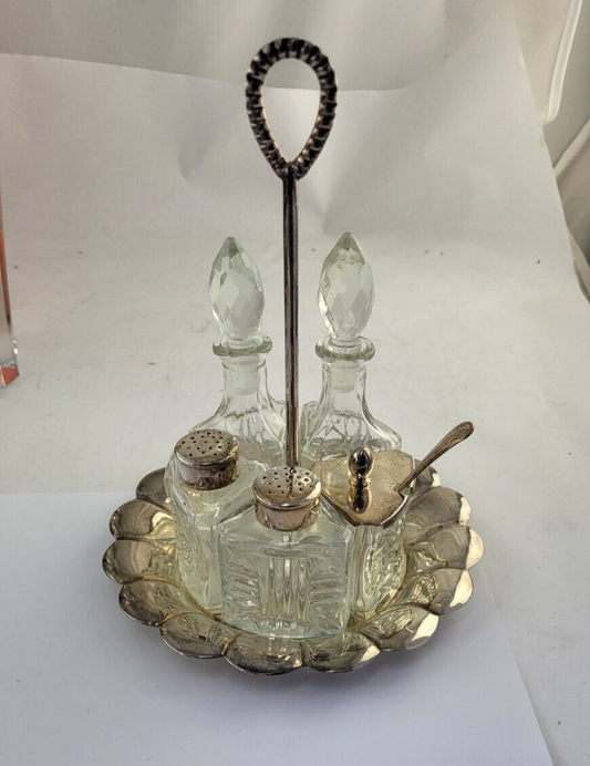 6pc. Vintage Silver Plated Condiment Serving Set/Caddy  Salt Pepper Oil Vinegar
