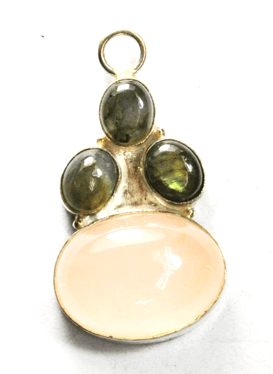 Sterling Silver Oval Labradorite & Pink Quartz Pendant 48mm x 26mm