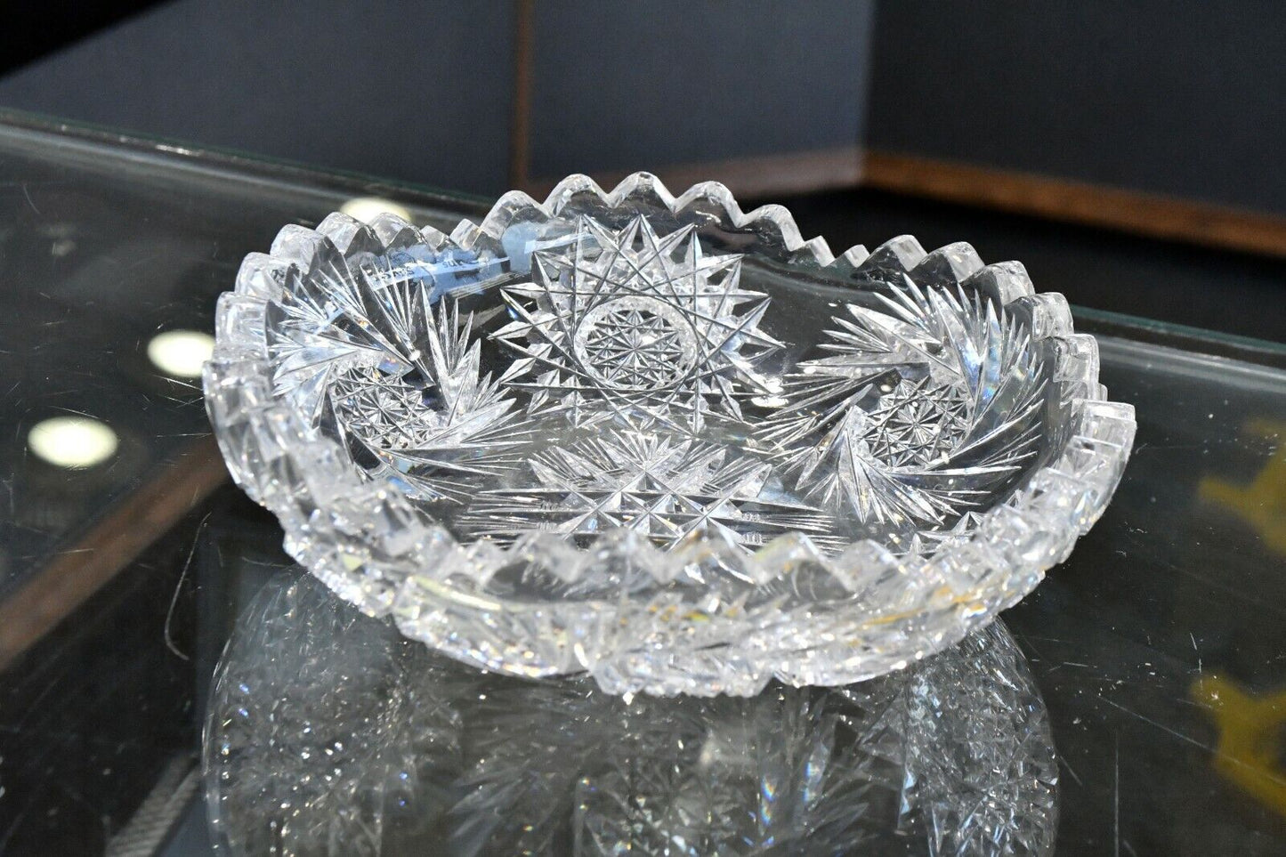 Vintage Czech Bohemian Style Cut Crystal Ash Tray 6" x  1 1/2" Beautiful Heavy