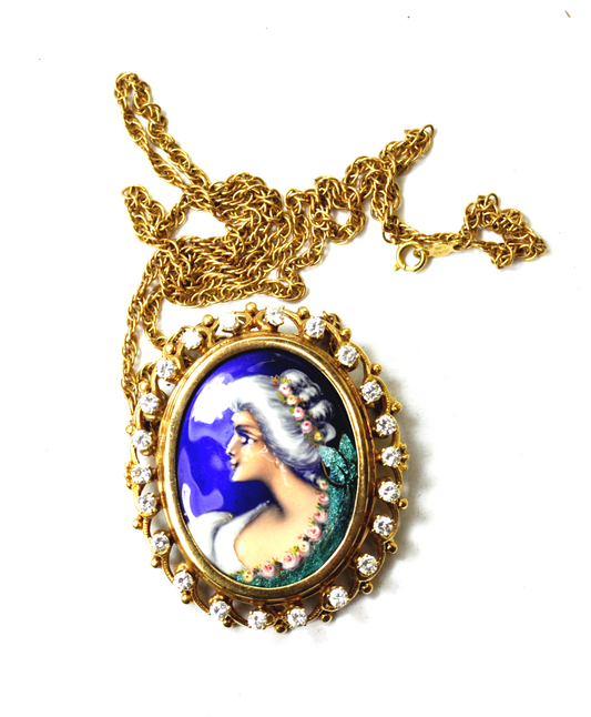 Antique 14k Gold France Diamond Cobalt Enamel Pendant Pin 1-3/4"x1.5" 1.25ct 23"