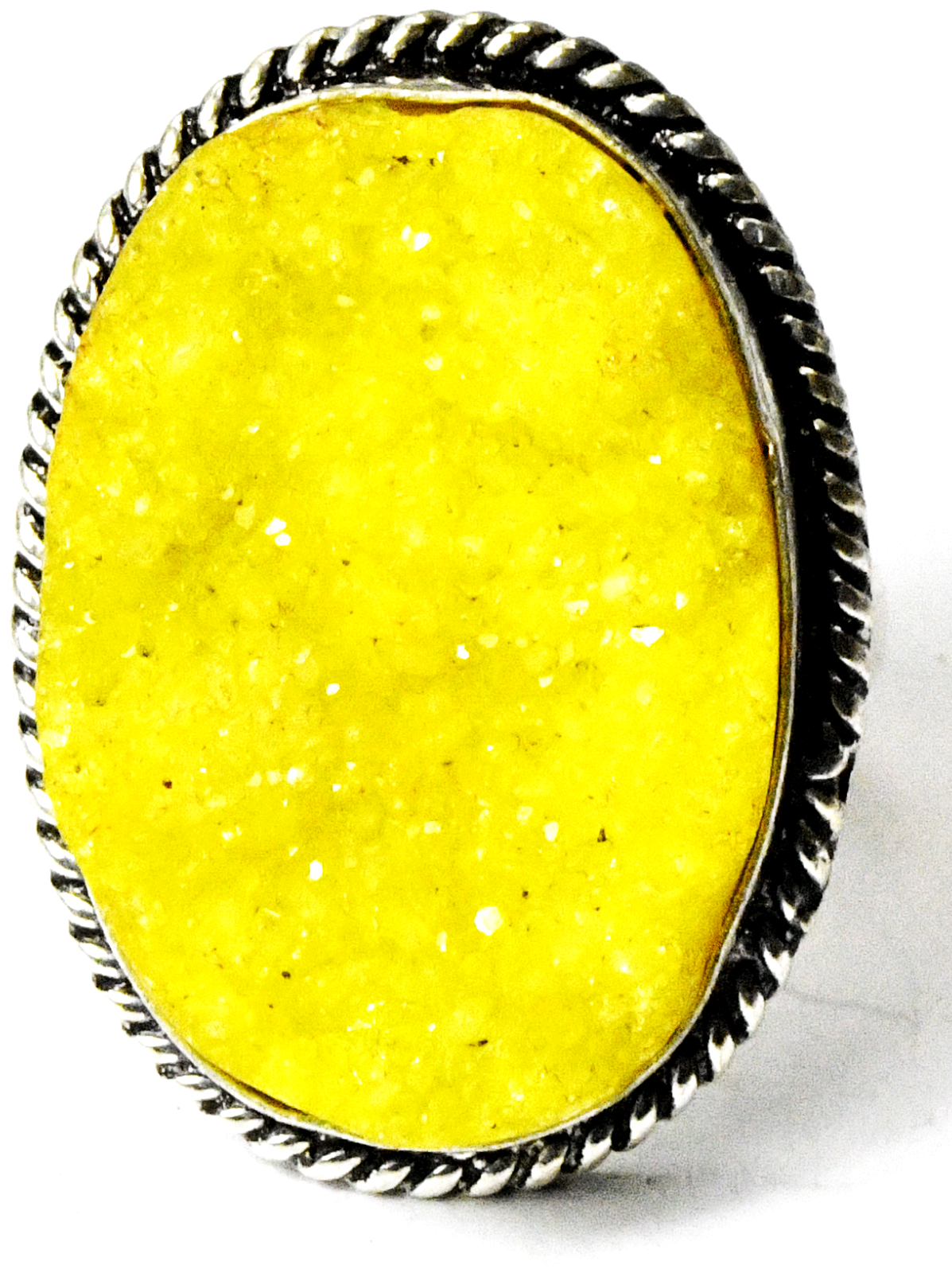 Sterling Silver Large Oval Yellow Quartz Druzy Ring 32mm Size 9-1/2