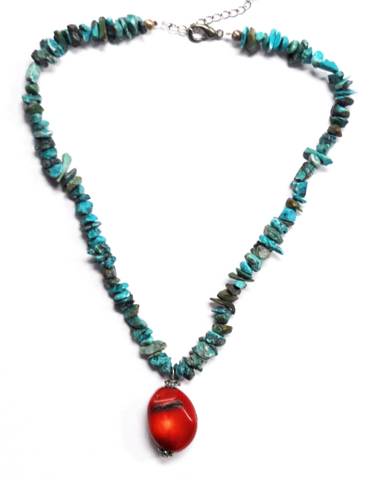 Silver Plate 30mm Coral Pendant Turquoise Chunk Bead Necklace 18"