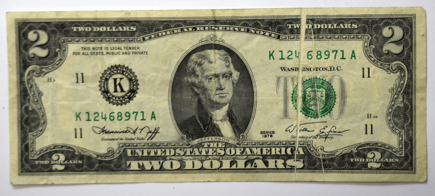 1976 $2 Two Dollars Federal Reserve Note Dallas Gutter Fold Error K12468971A