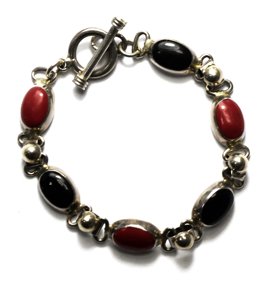 Sterling Silver Oval Red & Black Onyx Jasper Toggle Bracelet 9mm 6-3/4"   21g