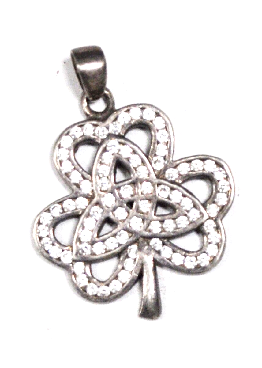 Sterling Silver CZ 3 Three Leaf Clover Pendant 36mm x 26mm