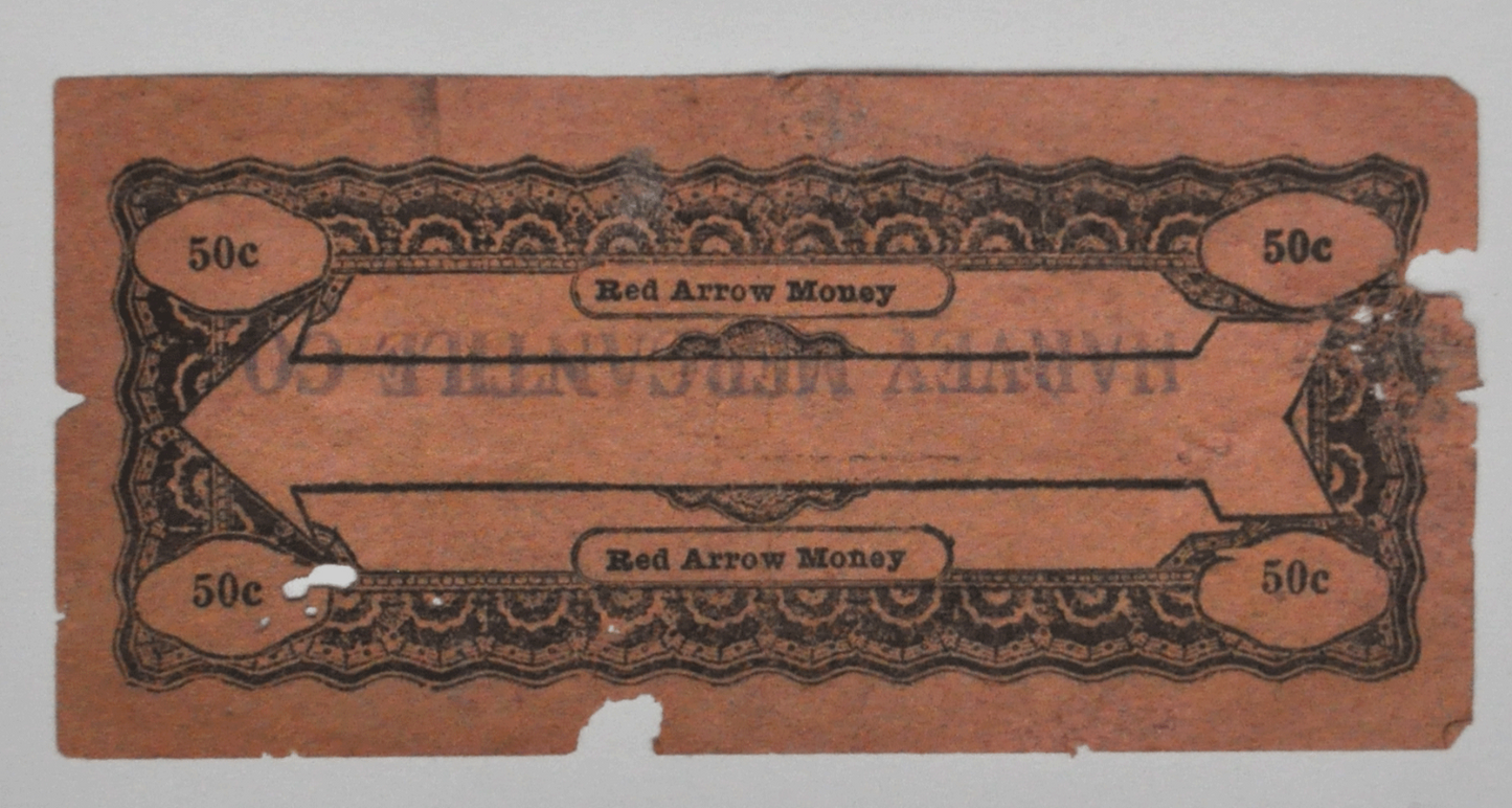 Red Arrow Money 50c Harvey Mercantile Co Auction Copyright 1928 11x5.3cm