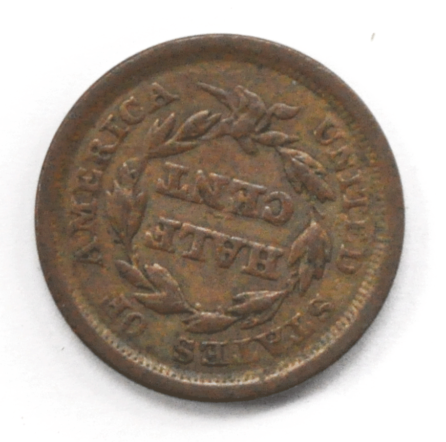 1849 1/2c Half Cent Braided Hair US Coin Rotated Dies 200 Degrees Mint Error