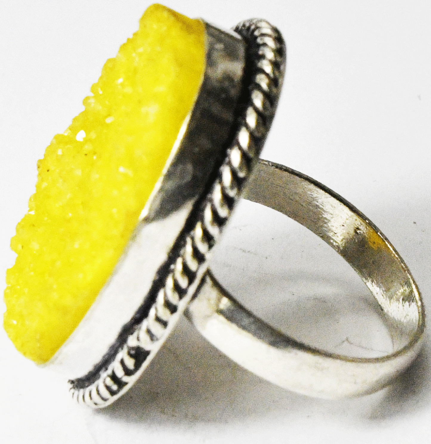 Sterling Silver Large Oval Yellow Quartz Druzy Ring 32mm Size 9-1/2