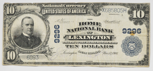 1902 $10 National Currency Note Home Lexington SC 9296 Plain Back X685805H