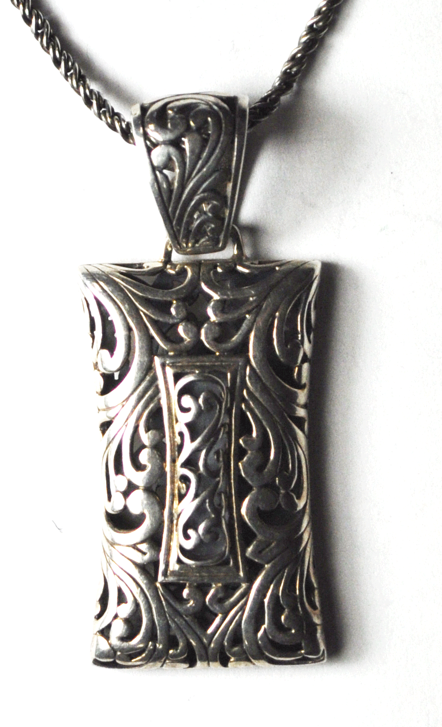Sterling TH Filigree Scroll Pendant Rectangle 50mm x 21mm & 2mm 17.5" Necklace