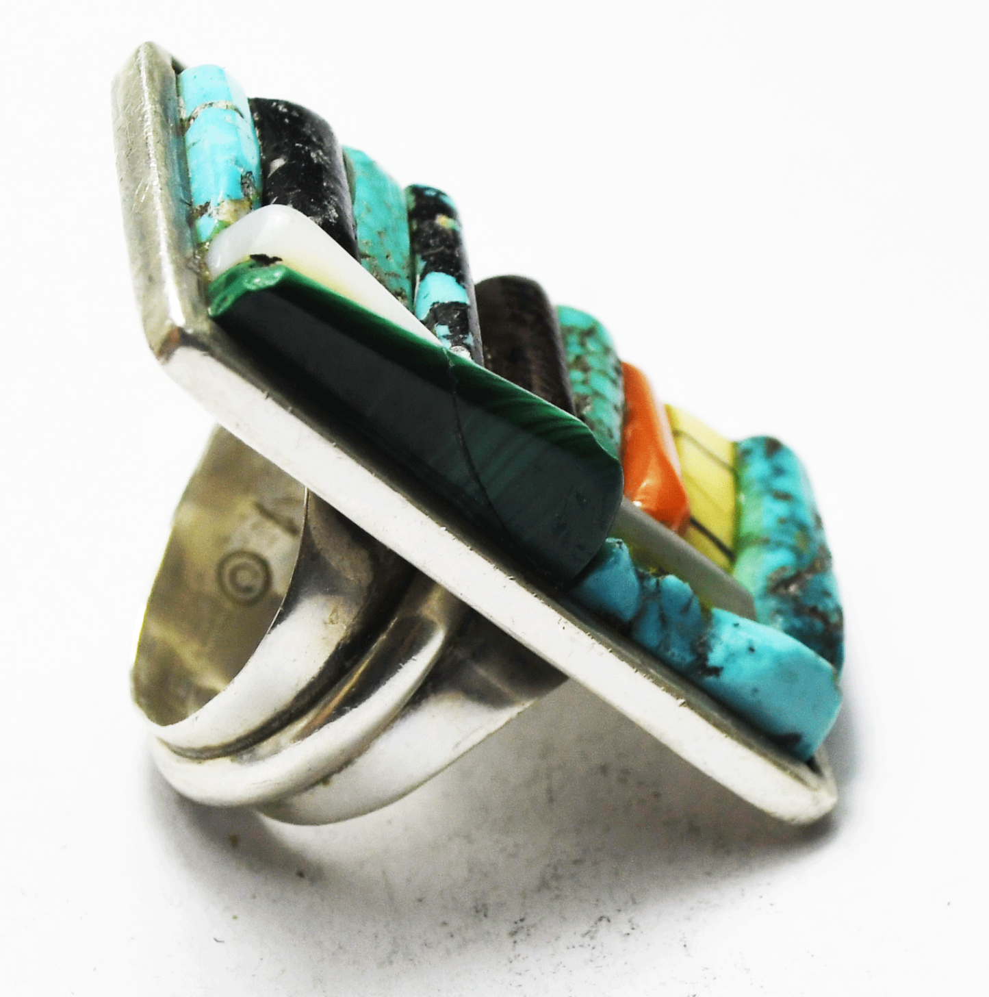 Sterling Signed LB Turquoise Coral Onyx Inlay Cobblestone Ring 40mm Size 6.5