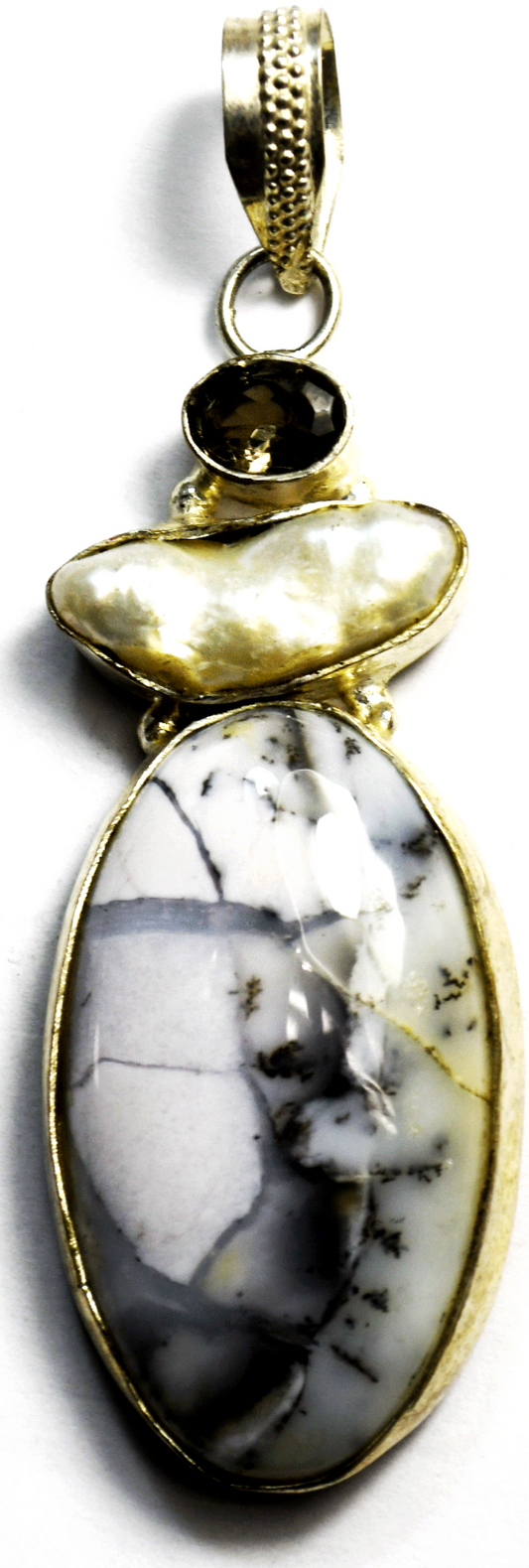 Sterling Silver Picasso Stone Pearl Smoky Quartz Pendant 76mm x 21mm