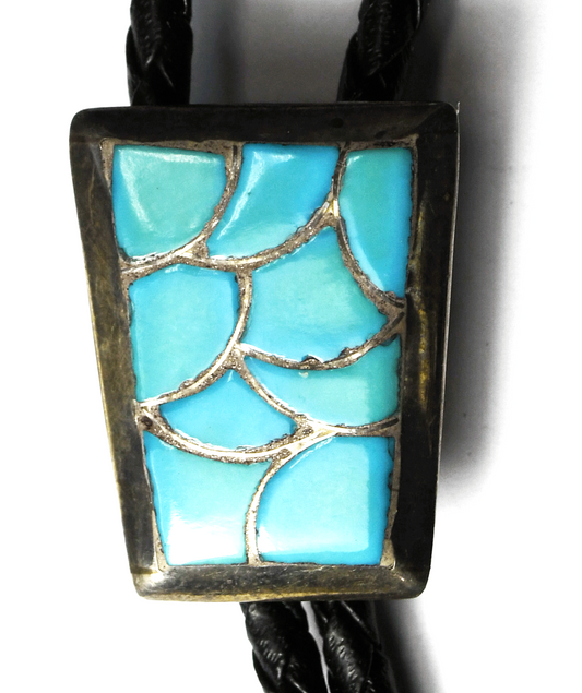 Sterling Turquoise Inlay Bolo Tie 30 x 22mm 18" Double Black Leather Cord
