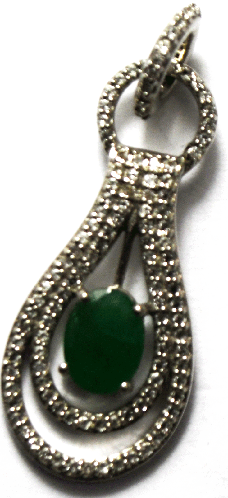 Sterling Silver CZ Teardrop Halo Natural Emerald Pendant 33mm  x 16mm