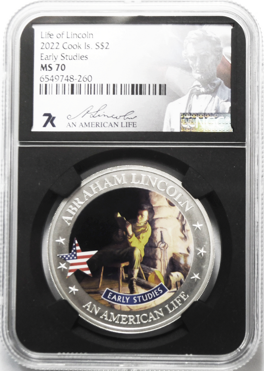 2022 $2 Cook Islands Life of Lincoln Early Studies MS70 Silver Coin .999 Silver