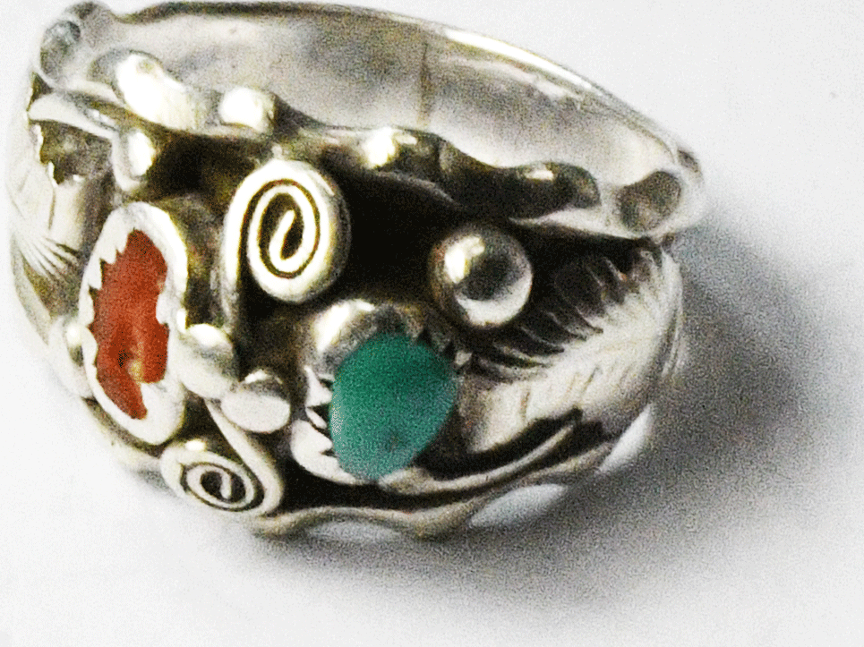 Antique Sterling Silver Max C Turquoise Coral Ring 15mm Size 9-1/2