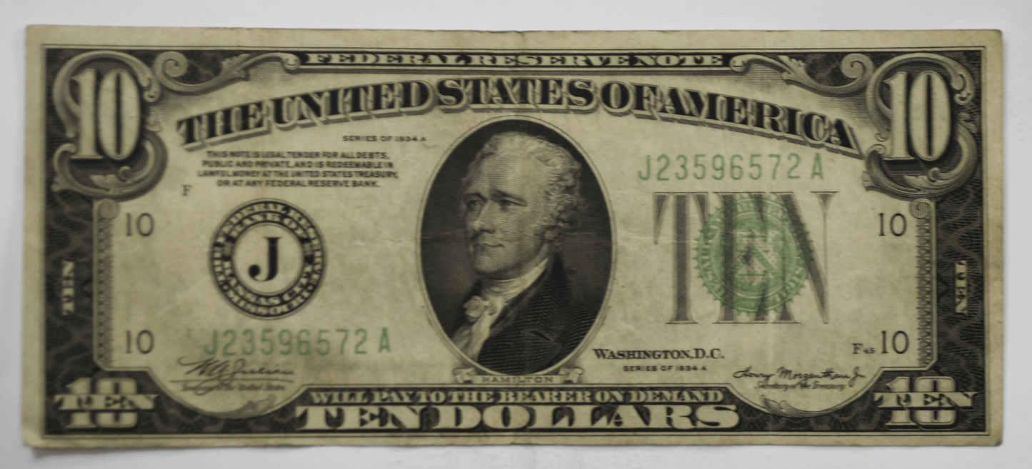 1934 A $10 Ten Dollars Federal Reserve Note J23596572A