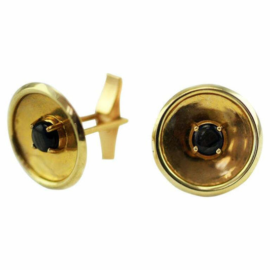 Vintage 14 Karat Yellow Gold Round Cufflinks Accented with Black Star Sapphires