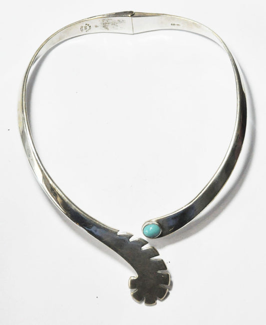 Mexico DMP 925 Silver Turquoise Hinged Heavy Chocker Necklace 16" Tigers Tail