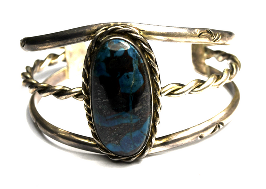 Sterling Silver Chrysocolla Oval 3 Bar Cuff Bracelet 37mm 6-3/4" Wrist