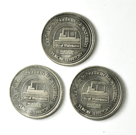 3 1986 $1`Canada Trade Dollars 34mm City of Whitehorse Yukon River Travel