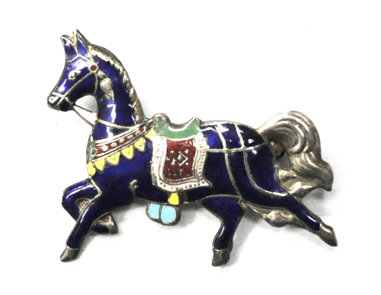 Silver Plated Thailand Blue Enamel Carousel  Horse 45mm x 37mm Brooch Pin