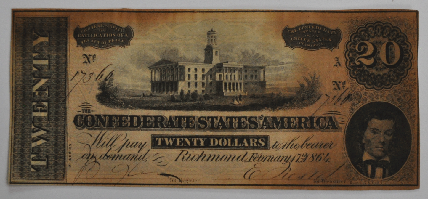 1864 $20 Confederate Note Currency Twenty Dollars CS-67 February 17th