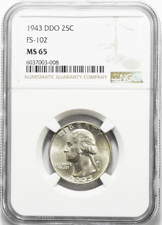 1943 DDO 25c Washington Silver Quarter Dollar NGC MS65 FS-102