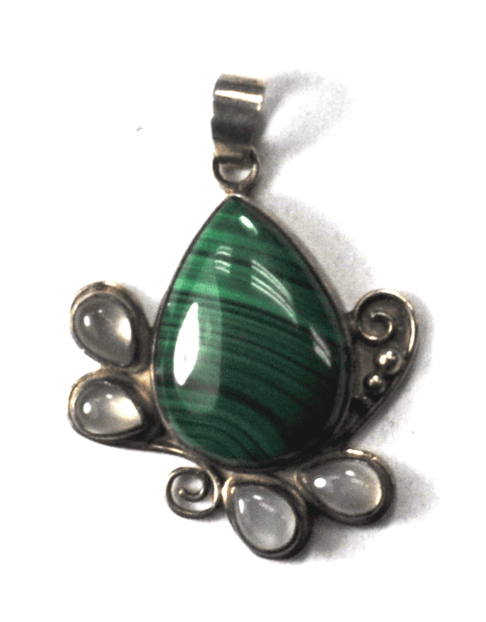 Sterling Silver Sajen Green Malachite Moonstone Pendant Teardrop 1-1/4" x 1-3/4"