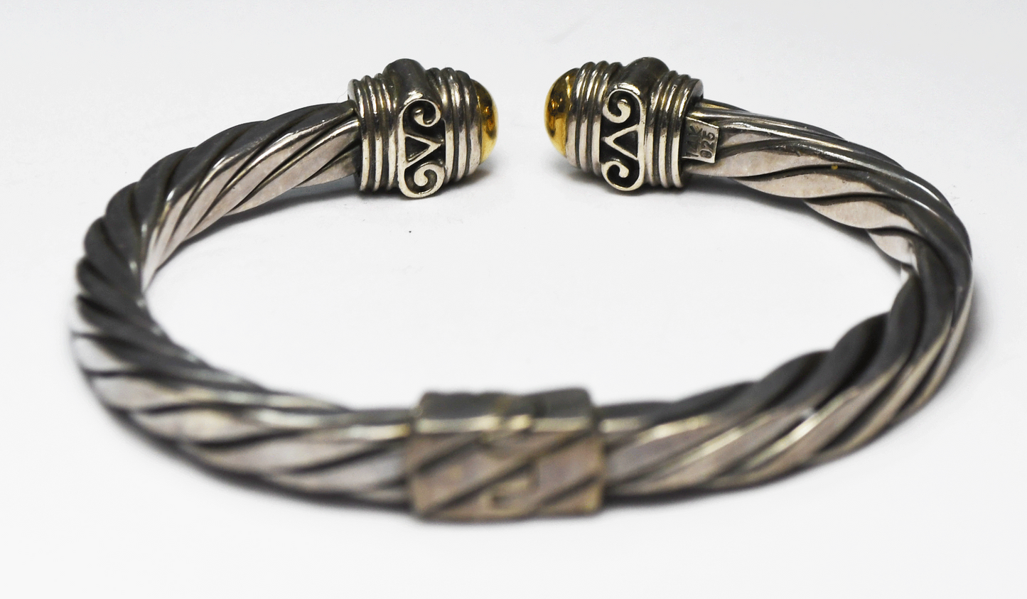 Sterling Silver  & 14k Square Cable Cuff Bracelet 5mm 6-3/4" Wrist