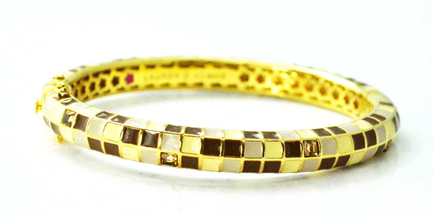 Lauren G Adams LGA Gold Tone Taupe Cream Enamel Squares Bangle Bracelet 8mm