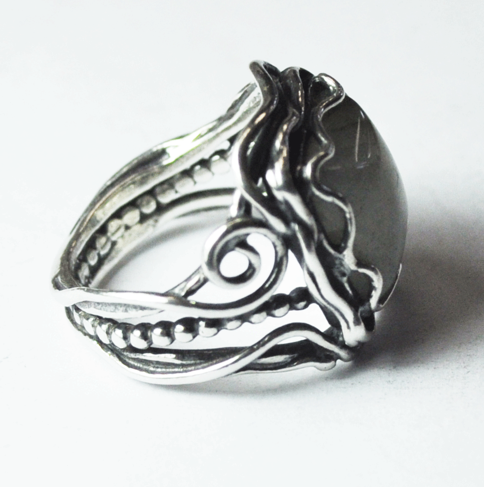 Sterling Silver Didae Labradorite Square Ring Wire Dot Filigree 20mm Size 7-3/4