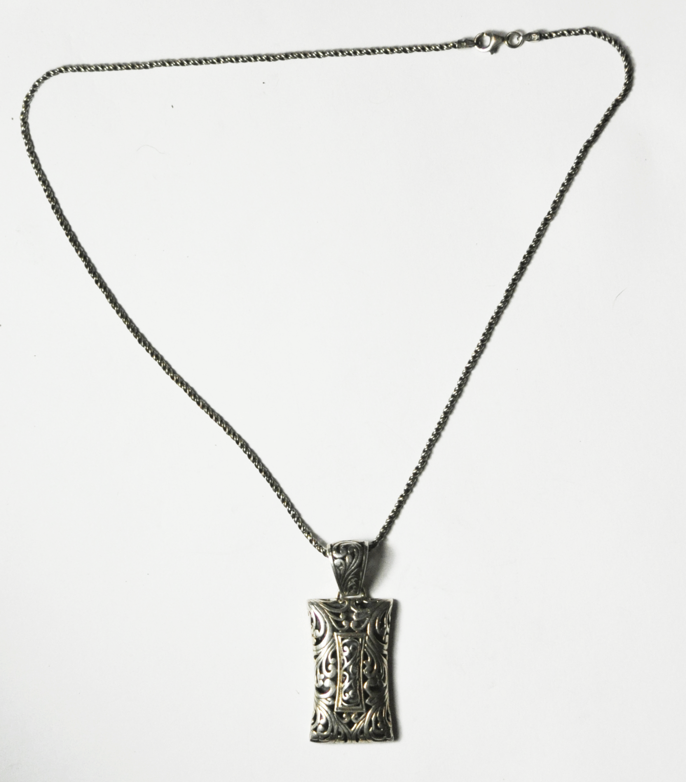 Sterling TH Filigree Scroll Pendant Rectangle 50mm x 21mm & 2mm 17.5" Necklace