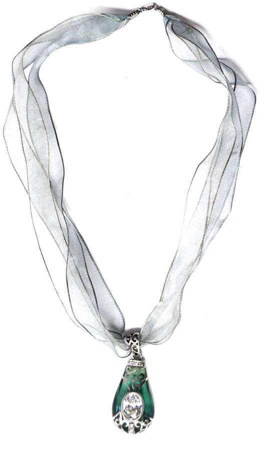 Sterling Silver & Plastic Teardrop 47mm Pendant Oval CZ Ribbon Necklace 17"