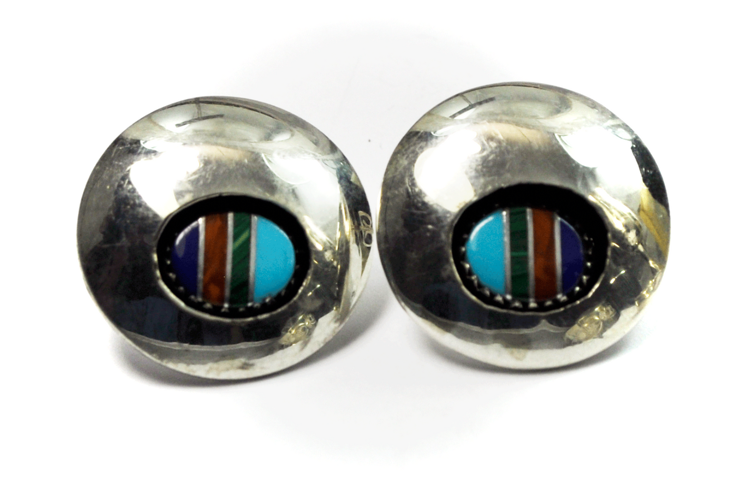 Sterling Silver CP Shadow Box Turquoise Coral Inlay Round Stud Earrings 24mm