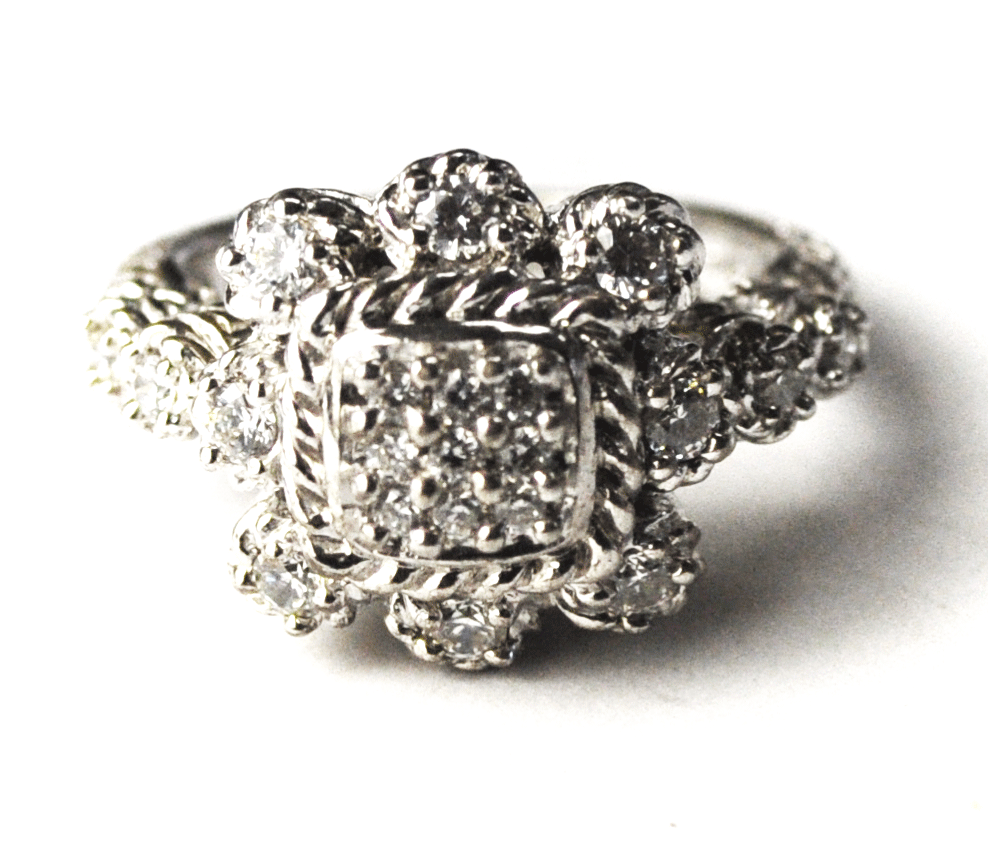 Sterling Silver Judith Ripka CZ Cluster & Halo Ring 15mm Size 8