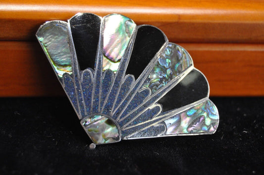 Vintage Mexico Sterling Mother of Pearl/Onyx Inlay Fan Brooch Pin Pendant Nice!