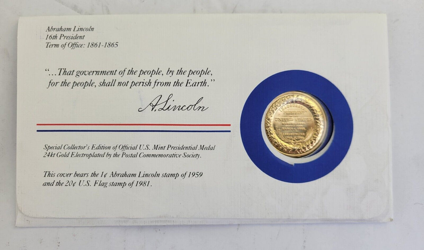 A Lincoln Presidential Covers Medal Postal Commemorative Society Gold Plated
