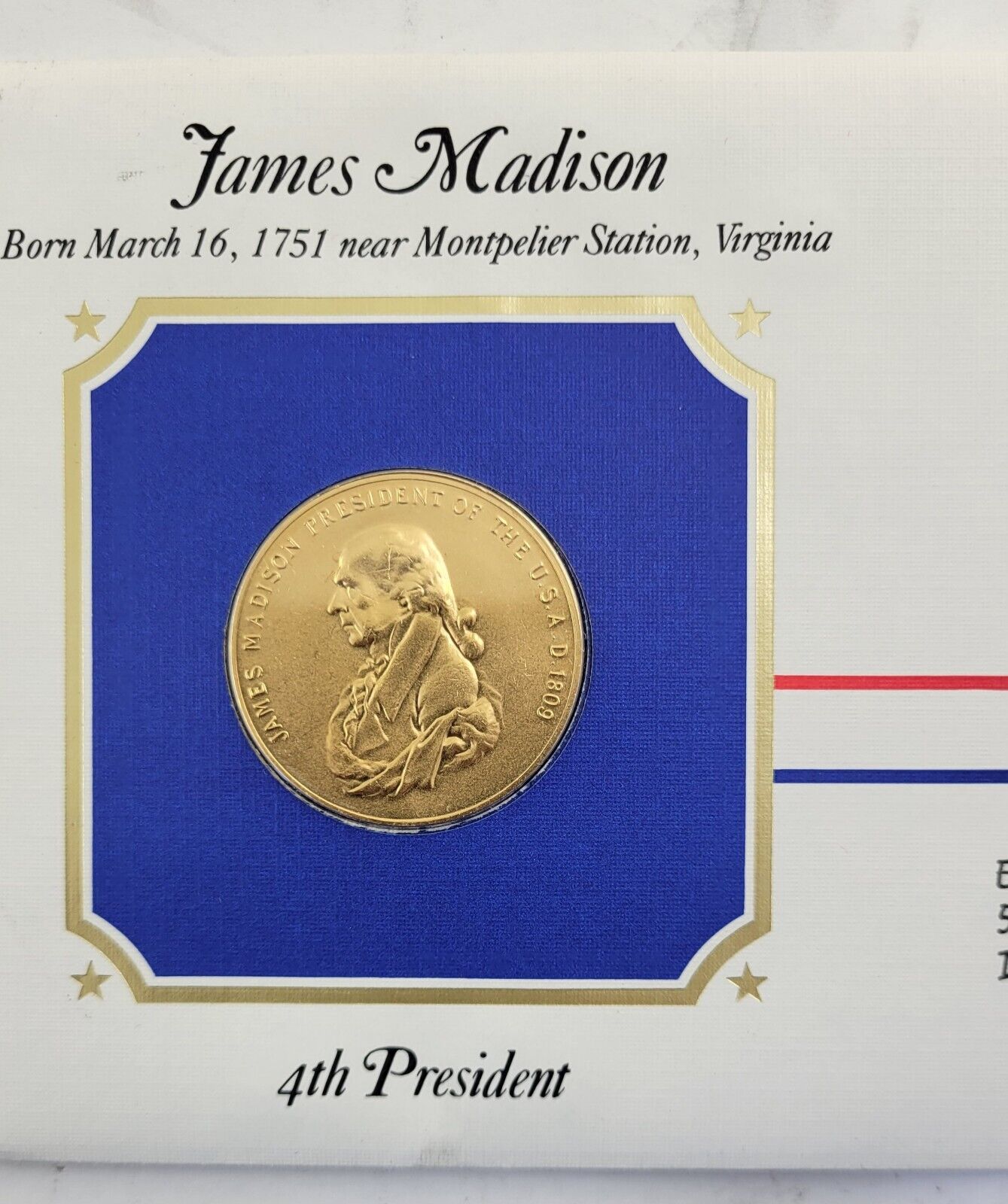 James Madison Presidential Covers Medal Postal Commemorative Society Gold Plated