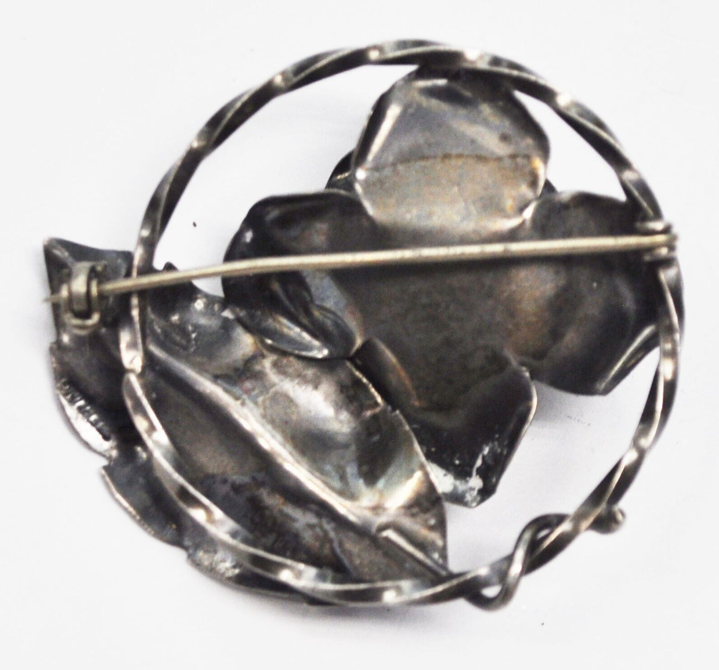 Sterling Silver Rose Flower Leaf Round  Brooch Pin 53mm
