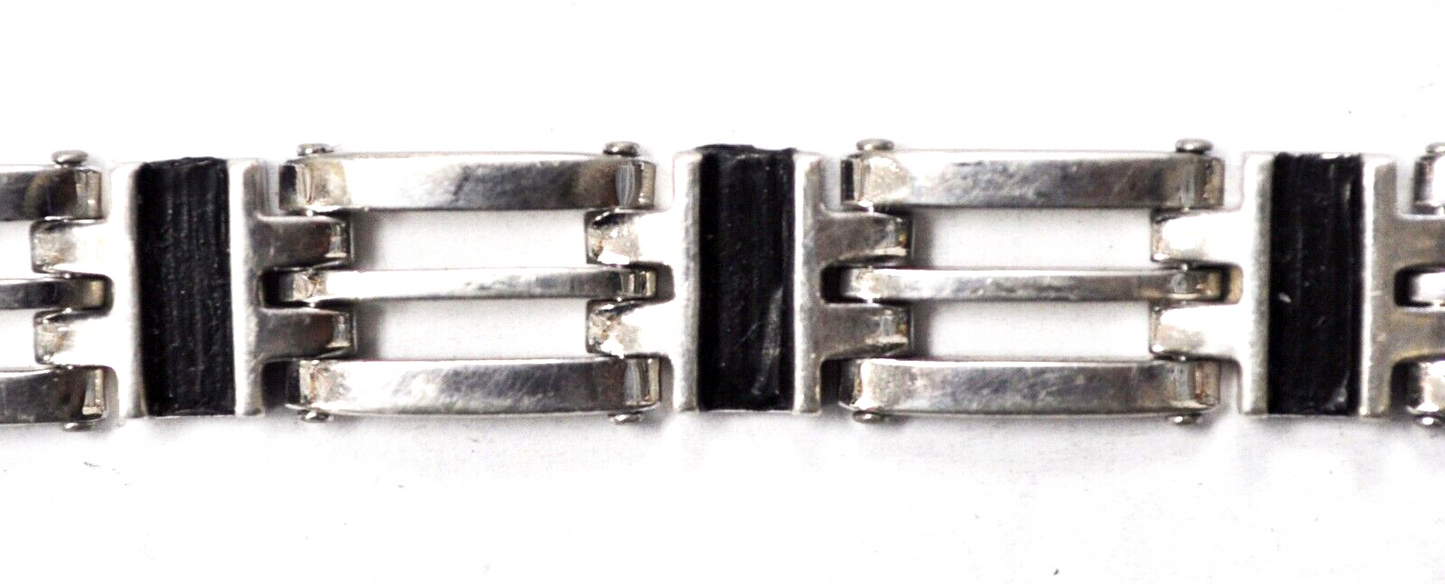 Sterling Silver 3 Bar Black Textured Stripe Bracelet 12mm 8-1/2"