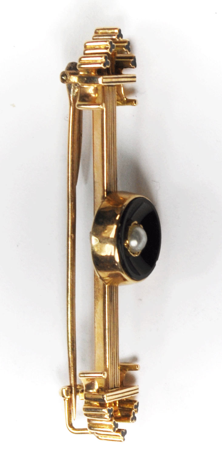 Antique 14k Gold Black Onyx Halo Pearl Brooch Double Pin 53mm x12mm 8.8g