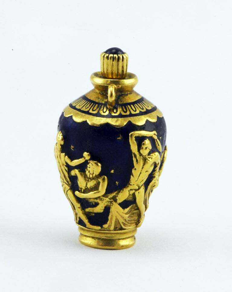 18K Gold & Sapphire Enameled Brevetto Italian Perfume Bottle Greek Urn Pendant