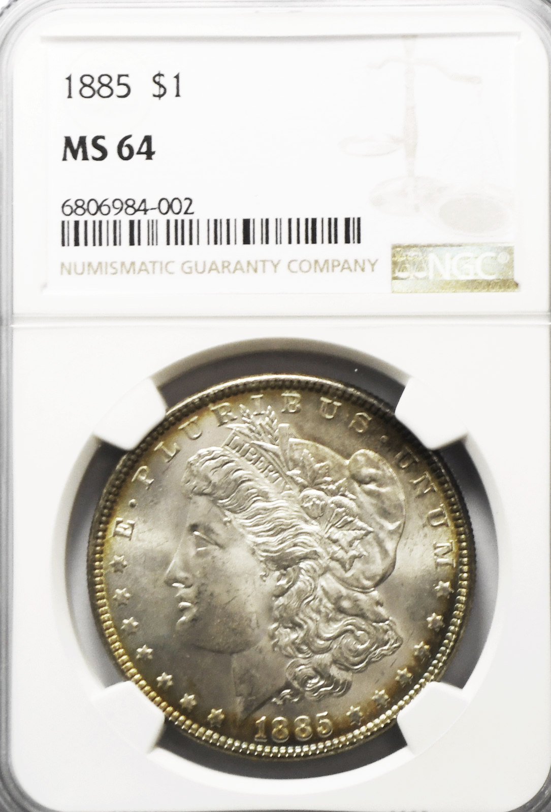 1885 $1 Morgan Silver Dollar MS64 NGC Uncirculated Philadelphia Rainbow Reverse