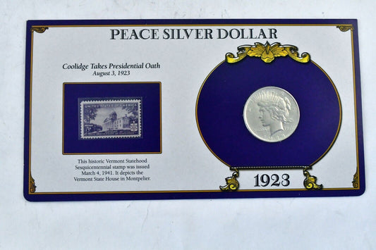 U S Postal Commemorative 1923 $1 Peace Silver Dollar Coolidge Stamp Vermont