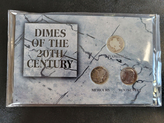 Dimes Of The 20th Century Barber, Mercury, Roosevelt 3 Coin Set 1900, 1943, 1989
