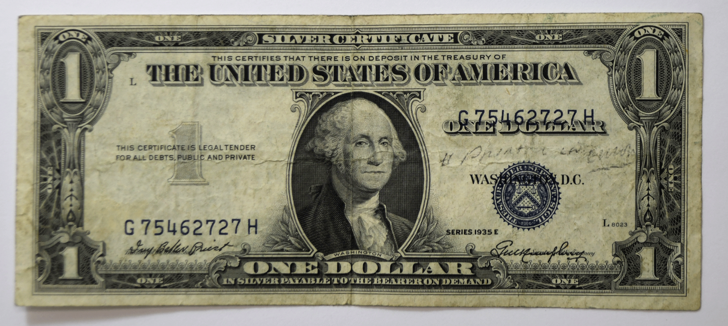 1935 E $1 Silver Certificate Overprint Misalignment Error Note G75462727H