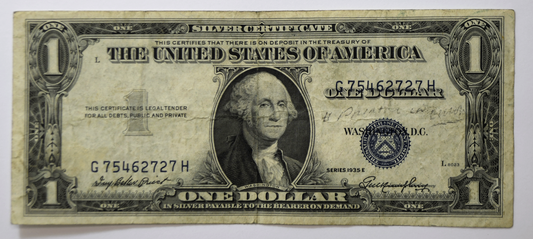 1935 E $1 Silver Certificate Overprint Misalignment Error Note G75462727H